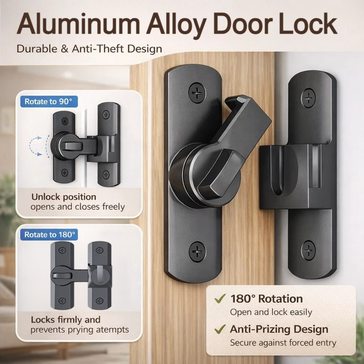 Aluminum Alloy Door Lock Latch Nopunch 180/90 Degree Door Bolt Security ...