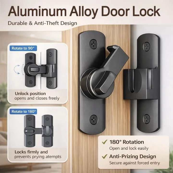 Aluminum Alloy Door Lock Latch Nopunch 180/90 Degree Door Bolt Security ...