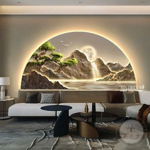 (ẢNH CHỤP) Tranh treo tường đèn led bán nguyệt núi non hùng vĩ 15 uv trang trí decor phòng khách quà tặng