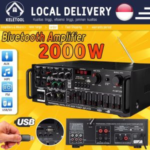 Mixer penguat daya Bluetooth nirkabel stereo 2 saluran dengan kartu plug-in USB / SD 4 input mikrofon remote control untuk panggung studio karaoke bioskop rumah