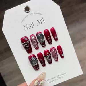 100% HANDMADE Artificial Nail Dark Loli Blood Red Butterfly Wings Cross Phototpy Nails Reusable and Removable Nails