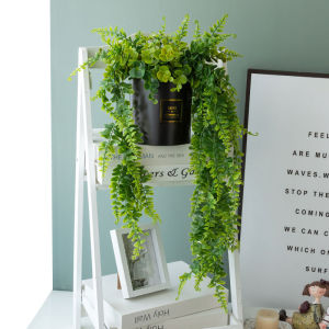 Artificial Hanging Plants Fake Potted Greenery Plant Faux Eucalyptus Ivy Vine in Black Pot Wall Room Home Indoor Outdoor Shelf Decor