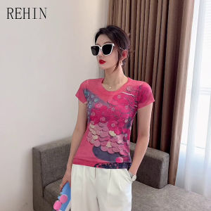 REHIN Womens top Summer Europe new fashion unique printing hot drill short-sleeved T-shirt All-match creative round neck blouse