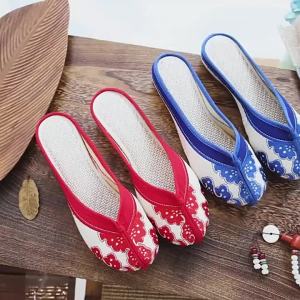 [Free Shipping] Slippers Blue And White Porcelain-Style Retro Embroidered Fabric Slippers Fabric Slippers Summer Sandals For Women
