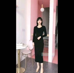 Long sleeve one piece knit maxi skirt dress