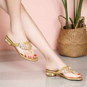 Free Shipping WomenS Rhinestone Sandals Summer Outdoor Flat-Soled Beach Sandals Bohemian Style Flip-Flops For Beach Vacations
