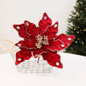KEND Glitter Velvet Christmas Poinsettia Pick DIY Craft Lifelike Christmas Tree Artificial Flower Floral Arrangement Vibrant Fake Christmas Flowers Wreath Embellish