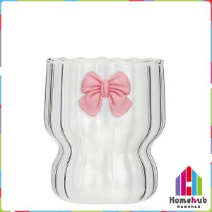 HB 300ml Cute Bow Shaped Glass Cup Coffee Cup Transparent Cold Drink Ice Cream Cup Mug