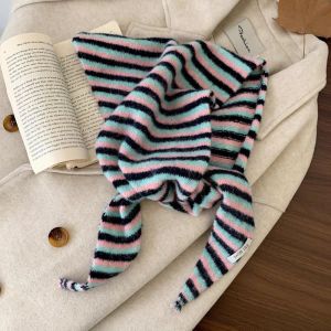 DJDK Soft Knitted Triangle Scarf Faux Wool Warm Striped Headscarf Chic 2 in 1 Warm Neck Scarf Winter