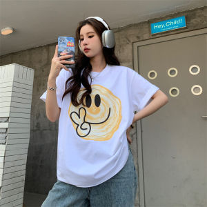 IELGY Summer Loose Cute Smiley Print Simple Style Couple Short Sleeve T-Shirt