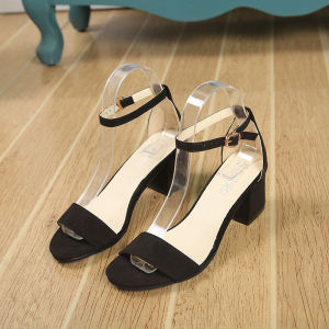 [Free Shipping] New Summer Sandals with Single Strap Buckle Large Size High Heels Hollow Open-Toe Korean Style Trendy Chunky Heel Womens Shoes