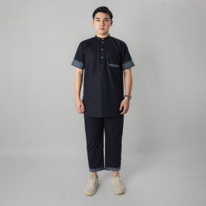 KATSAE - Oneset Basel Pria Dewasa Setelan Baju celana Muslim | Set Kemeja Koko Kurta Bordir Premium Warna Dark Grey