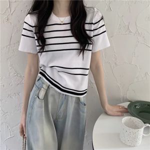 Áo thun dệt kim ngắn tay dáng coptop nữ kiểu kẻ sọc ngang cổ tròn len mongtoghi mỏng phong cách Hàn Quốc