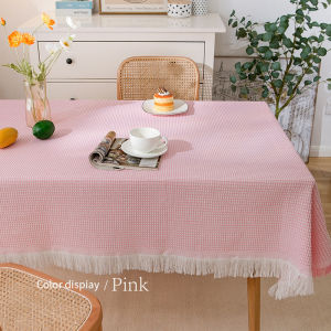 【24H Ship Local Delivery】130x180CM Pink Thickened Waffle Jacquard Cotton Linen Tassel Waterproof Oil-Proof Scald-proof Tablecloth Coffee table Cloth Table Cover Mat Outdoor Picnic Tablecloth For 6 Seaters