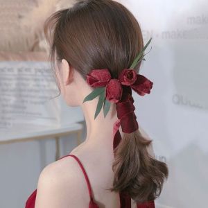 CRNGW Elegnat เรโทร ดอกทิวลิป ริบบิ้นติดผม ผ้าโพกศีรษะปาร์ตี้ ดอกไม้ประดับดอกไม้ ที่คาดผมแต่งงาน หมวกสไตล์เกาหลี ผ้ากำมะหยี่กำมะหยี่ ที่คาดผมผู้หญิง