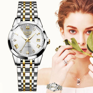 LIGE Elegant Watch for Women Waterproof Luminous Date Ladies Watch Stainless Steel Quartz Women Watches + Box