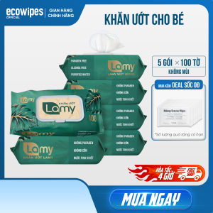 Thùng 5 gói khăn ướt LAMY 100 tờ không mùi không cồn không chất tẩy trắng