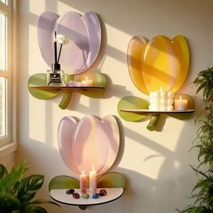 GOUPO Wood Flower Wall Shelf Flower Shape Bohemian Style Candle Wall Sconce Gifts Crystal Display Decorative Wall Shelf Candle Display