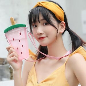 WARM STOP Food Grade Popsicle Straw Cup Anti-fall Leakproof Watermelon Water Bottle Practical Cartoon Plastic Water Cup Drinkware
