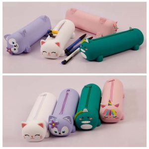 DAN LE จุได้มาก กล่องดินสอซิลิโคนลายการ์ตูน กันน้ำกันน้ำได้ ล้างทำความสะอาดได้ ถุงเก็บเครื่องเขียน ที่วางแปรงแต่งหน้า แมวแมวแมว กระเป๋าดินสอนุ่ม เครื่องสำอางสำหรับแต่งหน้า