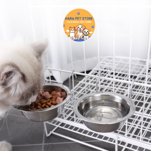 Chén gắn chuồng cho Chó Mèo bằng Inox có giá đỡ (mẫu mới) - Hara Pet Store