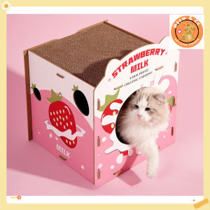 กล่องบ้านแมวที่ลับเล็บแมว บ้านแมวสตอร์เบอรี่ บ้านแมวพร้อมที่ลับเล็บแมว