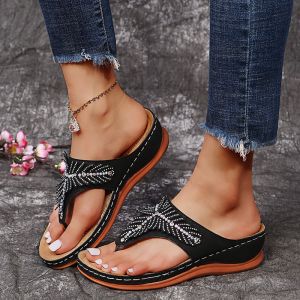 [Free Shipping] New Plus-Size WomenS Shoes Summer Fashion Rhinestone Wedge Sandals Thick-Soled Flip-Flops Casual Footwear