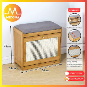 MIZONA 50CM/70CM Shoe Rack Bamboo Wood With Soft Pad Stool Bamboo Rak Kabinet Kasut Almari