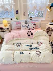 ins Cute Cat Cartoon Towel Embroidered Washed Cotton Four-Piece Set Bed Sheet Student Dormitory Quilt Cover Bed Sheet Three-Piece Set LZD
