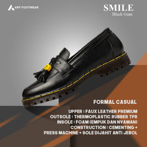 ARF Smile Sepatu Loafers Docmart Pria Wanita Formal Pantofel Hitam Casual Kerja Bahan Kulit Kantor Kasual