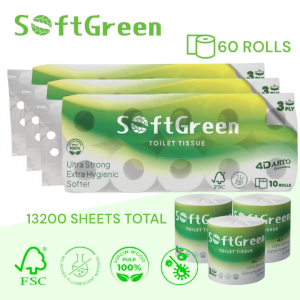 [60Rolls] SoftGreen 4D ARTO Embossed 140g/Roll 3-Ply 13200Sheets Toilet Paper FSC Certified 100% Natural Premium Virgin Wood Pulp