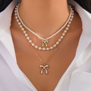 SWEET Bead Y2K Multilayer Necklace Sun Moon Star Pendant Bowknot Clavicle Necklace Fashion Neck Jewelry Clavicle Chain Women Ladies