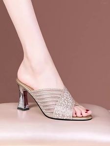 [Free Shipping] Pearl and Rhinestone High-Heel Sandals for Women Summer Fashionable Chunky Heel 2025 New Breathable Mesh Hollow-Out Slide Sandals