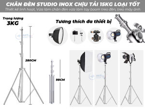 Chân đèn máy ảnh inox 8809 cao 2.8m chịu tải 10 kg gắn đèn máy ảnh chuyên nghiệp cho livestream studio phòng thu