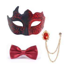 BESTOUR 3 piece set Half Face Dance Brooch Set Party Cosplay Gentleman Masquerade Prom Costume Accessory Painted Glossy Bow Tie Set Costume Party