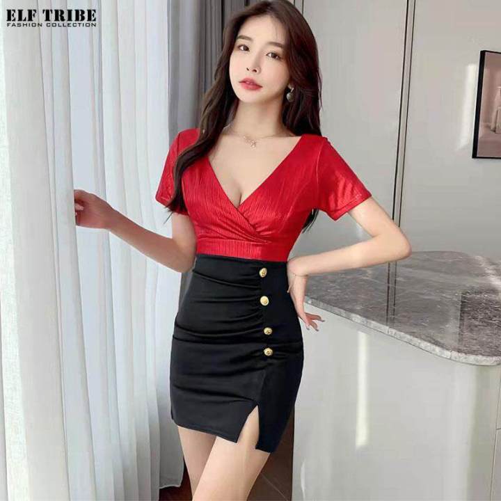 ELF TRIBE Sexy Package Hip Dress Deep V-neck Nightclub Tight Short