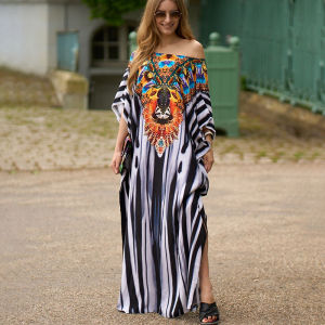 DN0903 Boho พิมพ์บิกินี่ขึ้นปกผู้หญิงผสมสีชุดว่ายน้ำชายหาด Tunic Kaftan O Versize Maxi D Ress ชุดว่ายน้ำ