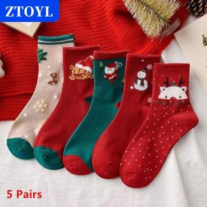 [COD] ZTOYL ถุงเท้าคริสต์มาส5คู่ถุงเท้าต้นคริสต์มาสซานตาคลอสตุ๊กตาหิมะถุงเท้าต้นคริสต์มาสถุงเท้ากลางน่องสำหรับผู้หญิงถุงเท้าฤดูหนาวฤดูใบไม้ร่วง