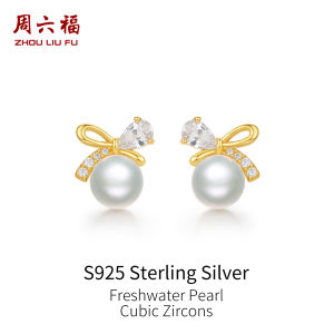 ZHOU LIU FU 周六福 S925 Sterling Silver Freshwater Pearl Earrings Cute Bow Studs Cubic Zircon 18K Gold Plated Hypoallergenic Earring for Women Girl X0914200