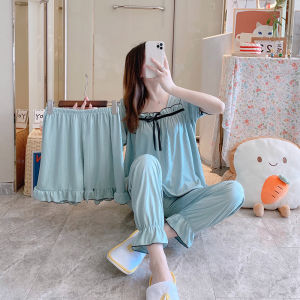 Ready stock)3PCS /SET Womens Pajamas Womens Summer New Sweet Solid Color Short-sleeved Shorts Trousers Womens Casual Home Wear Set