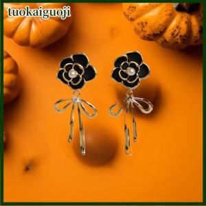 tuokaiguoji Fashion Elegant Black Camellia Flower Bow Pendant Stud Earrings For Women Jewelry Accessories Gifts
