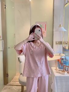 睡衣女士夏季纯棉学生大码短袖薄款七分裤可爱两件套装夏天家居服