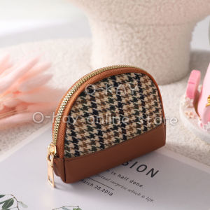 Elegant Houndstooth Canvas Ladies Purse Double Layer Card Coin Wallet Keychain Leather Accent