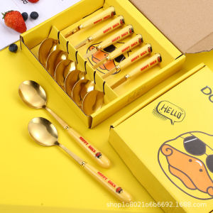 Bộ 6 thìa inox mạ vàng Vịt vàng Duck cán dài muỗng ăn ngộ nghĩnh kèm hộp đựng