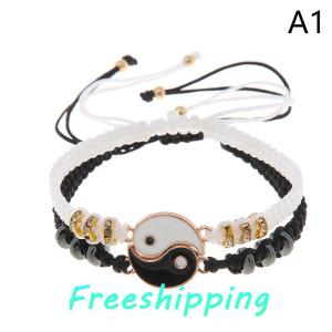 baoxue 2Pcs Tai Chi Yin Yang Couple Bracelets Necklaces Set Pendant Adjustable Braid Chain Bracelet Matching Lover Bracelets Choker