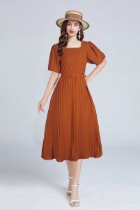 Retro Korean version of the square collar bubble short-sleeved waist slimming dress women white dress 820