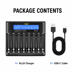 Yonii ALL8 Smart Battery Charger for 1.2V Rechargeable AA/AAA NiMH Batteries and 1.5V Lithium Batteries Each Slot Independently Chargeable Mixed Charging USB Type-C Charging Port