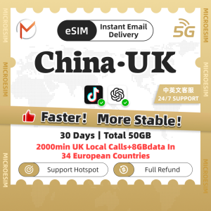 UK-China Total 50GB 5G High Speed 30 Days | Unlimited Data |Europe eSIM | Instant Delivery 中英sim卡