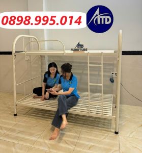 Giường tầng cho bé bằng sắt giá rẻ- giường ngủ 2 tầng màu kem chắc chắn cứng cáp lắp ráp nhanh HCM