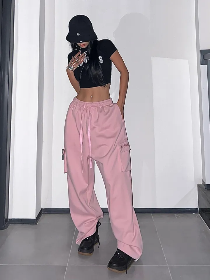 Japanese Y2k Streetwear Pink Cargo Parachute Pants Women Pleated Cute Baggy  Wide Leg Casual Trousers Korean Fashion New